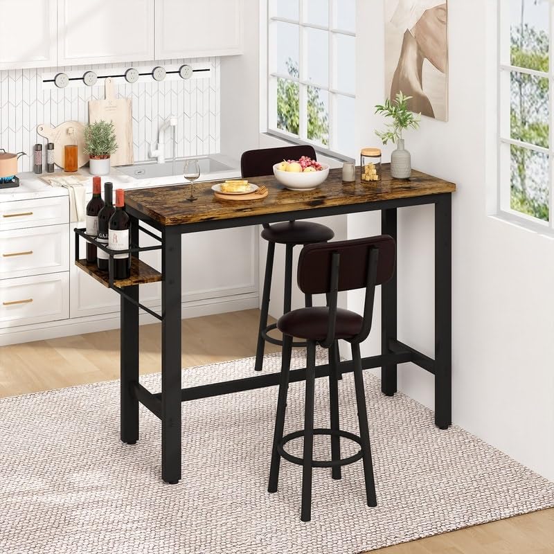 3 Pieces Bar Table Set Pub with Pu Leather Stools and Wine Bottle Rack Counter