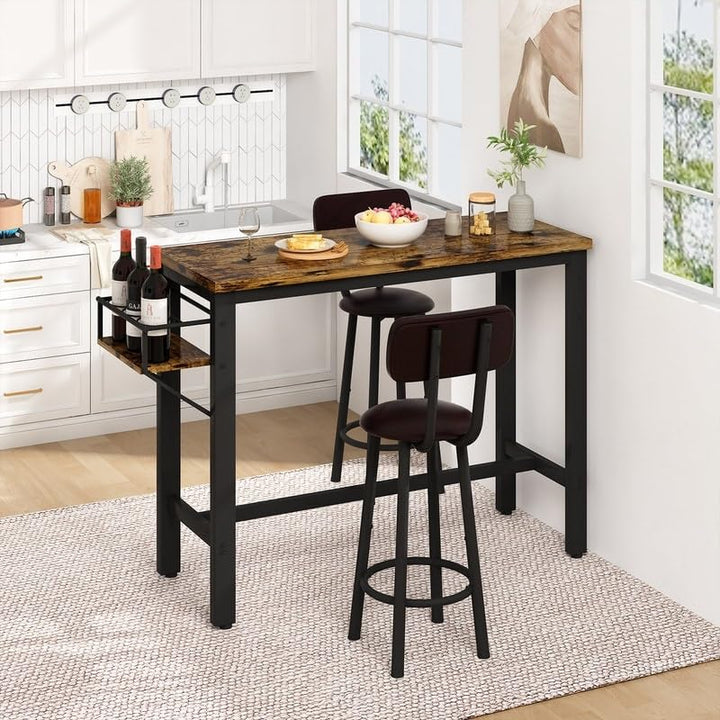 3 Pieces Bar Table Set Pub with Pu Leather Stools and Wine Bottle Rack Counter