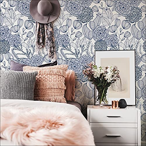 Navy Secret Garden Peel Stick Wallpaper X 20.5in Blue Floral Wildlife Vinyl - Diamond Home USA