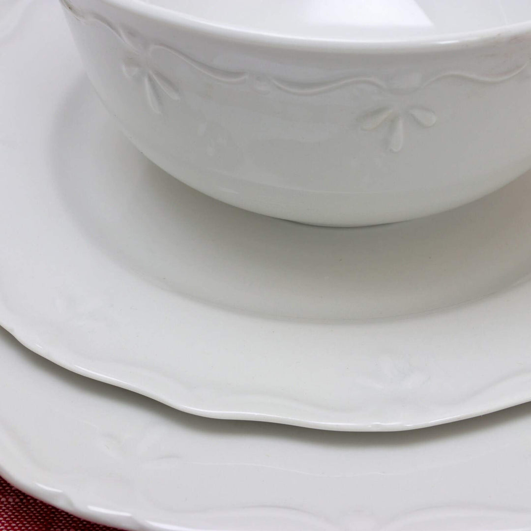 Fine Ceramic Embossed Pc Dinnerware Set In White Solid Casual Round Stoneware 12 - Diamond Home USA