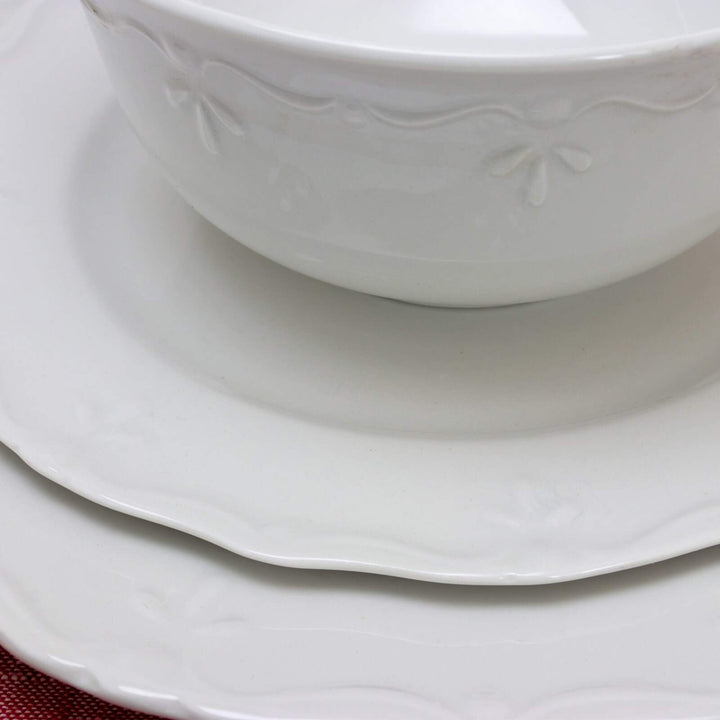 Fine Ceramic Embossed Pc Dinnerware Set In White Solid Casual Round Stoneware 12 - Diamond Home USA