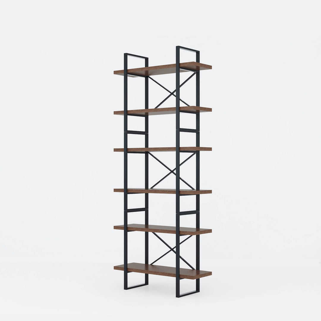 6-Tier Mordern Bookshelves in Antique Walnut Color 35"x13"x85"h Brown Industrial - Diamond Home USA