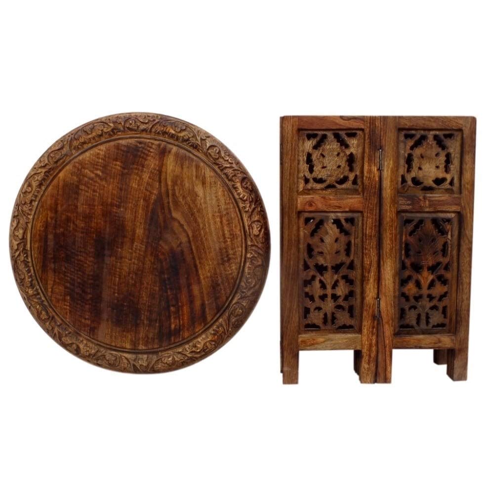 Brown Hand-Carved Wood Folding Accent Table Bohemian Eclectic Round Finish - Diamond Home USA
