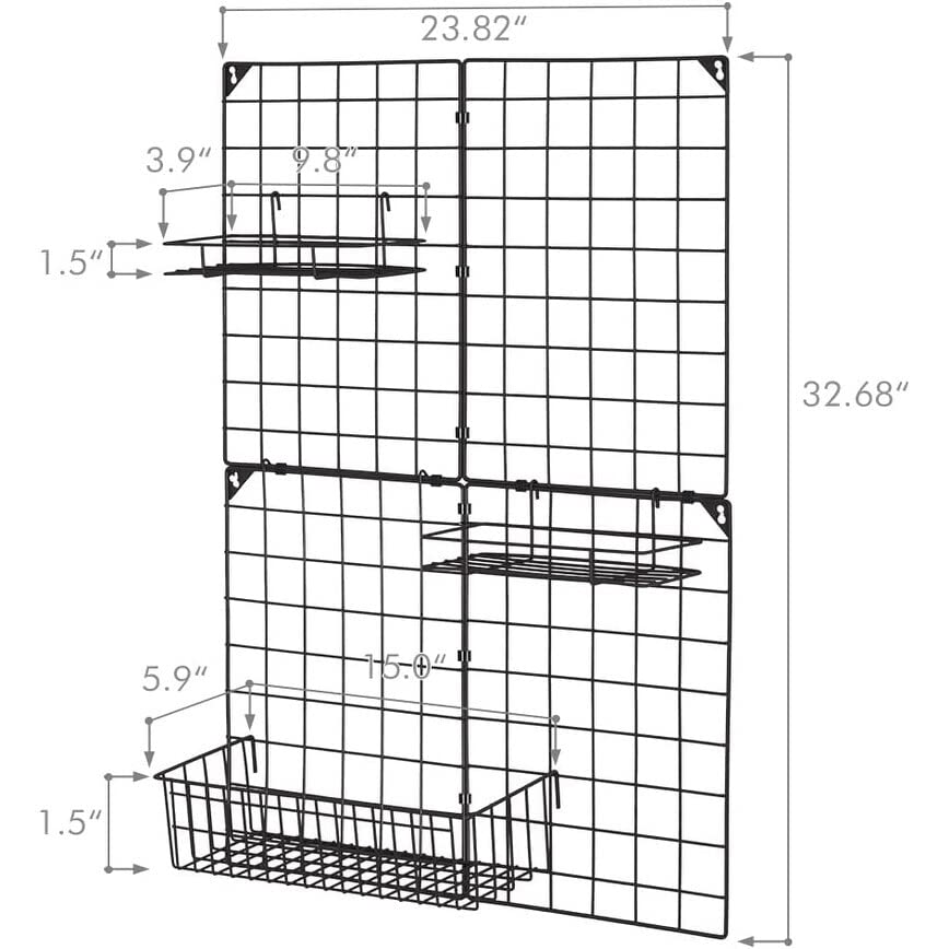 Wall Grid Panel with Wire Baskets Black Industrial Metal - Diamond Home USA