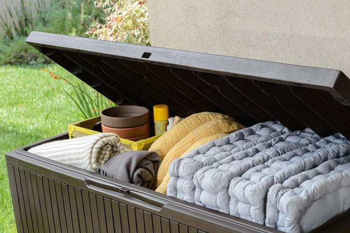 Keter Cushion Box Rainproof Balcony Springwood Cushion Storage Box Brown 123 x - Diamond Home USA