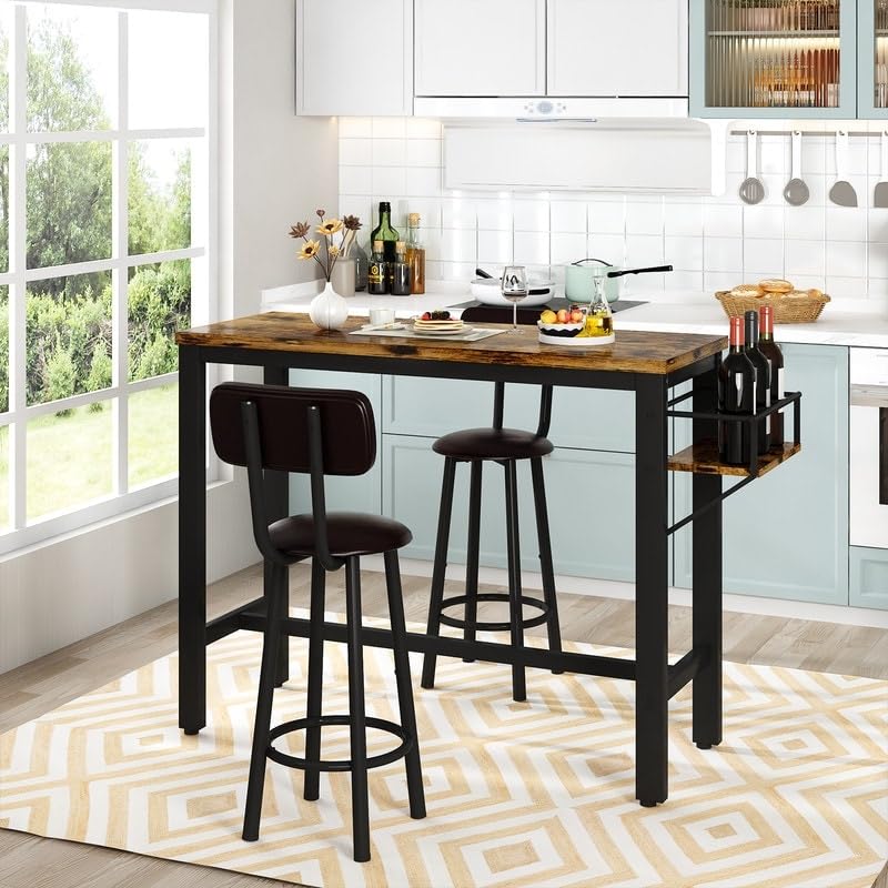 3 Pieces Bar Table Set Pub with Pu Leather Stools and Wine Bottle Rack Counter - Diamond Home USA