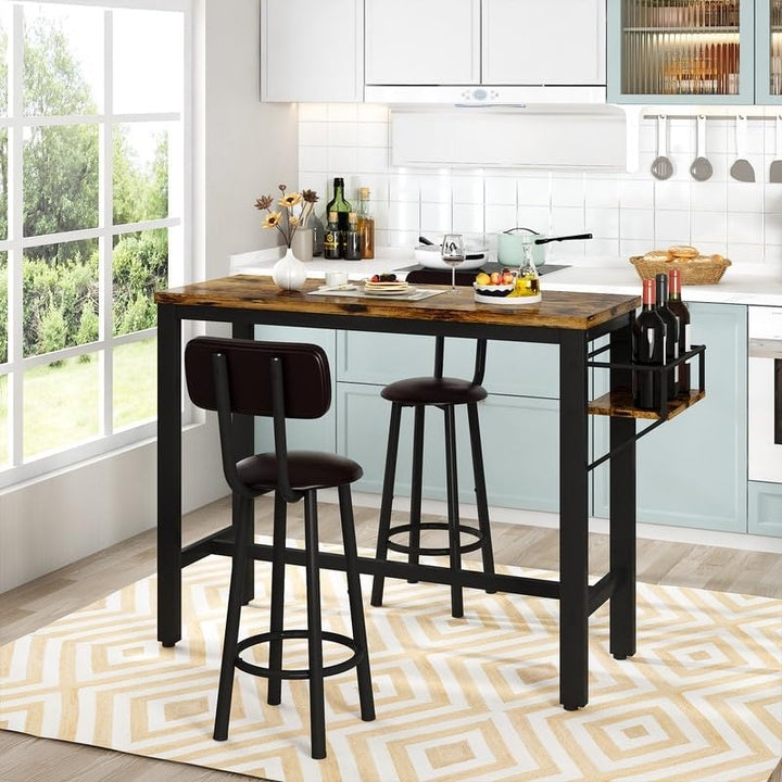 3 Pieces Bar Table Set Pub with Pu Leather Stools and Wine Bottle Rack Counter - Diamond Home USA