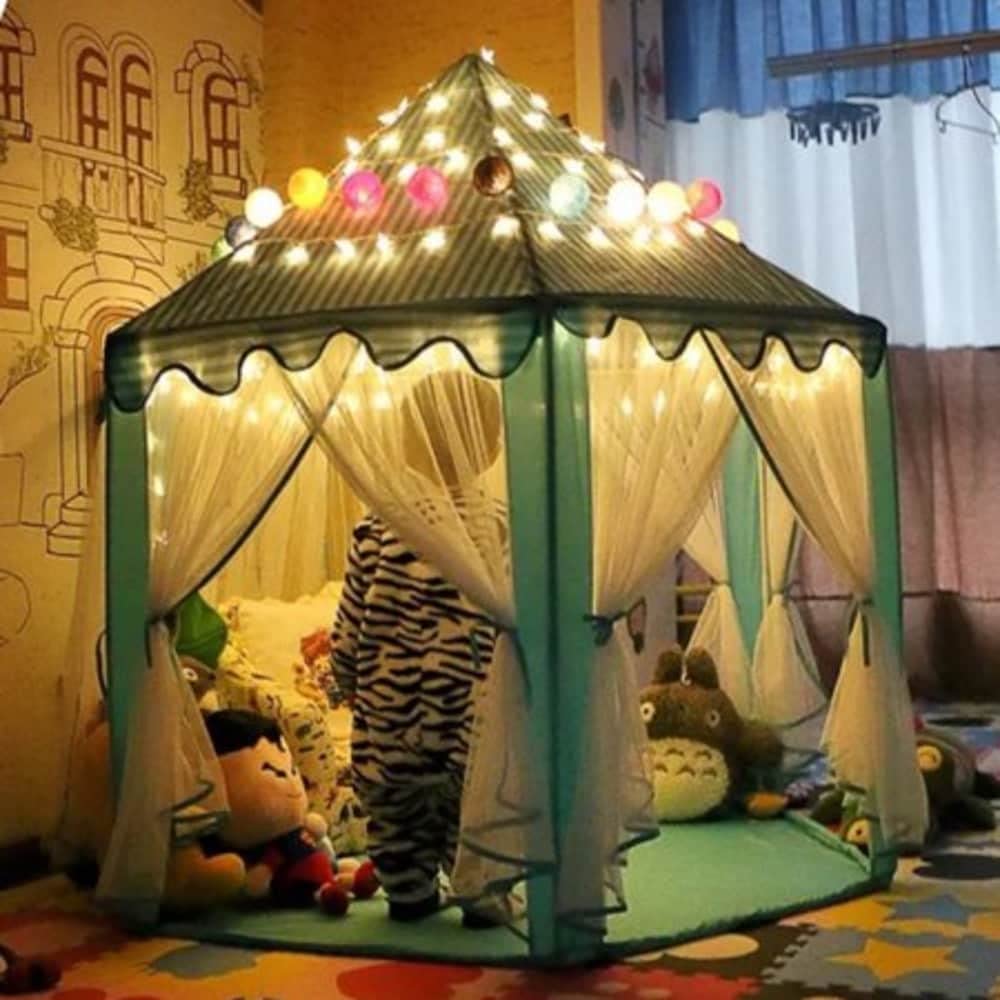 55'' X 53'' Girls Large Princess Castle Play Tent with Star Lights Blue - Diamond Home USA