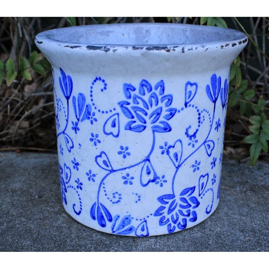 Hand Pressed Old World Ceramic Blue and White Flower Pattern Round Flared Lip - Diamond Home USA