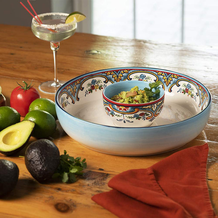 Euro Ceramica Zanzibar Chip and Dip Bowl 2 Piece Set Multicolor 24 ounces - Diamond Home USA