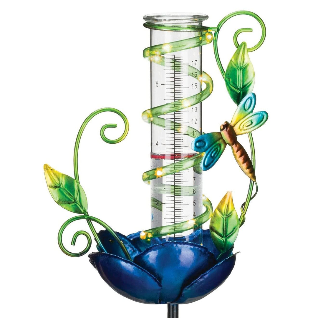 Rain Gauge Solar Stake Dragonfly Blue Metal