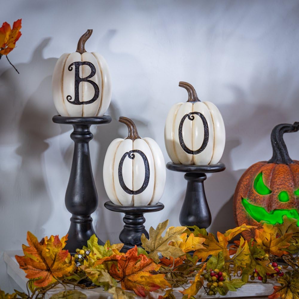 Farbo Set of Three Resn/Stone Lettered Whte Pumpkns on candleholders Large - Diamond Home USA