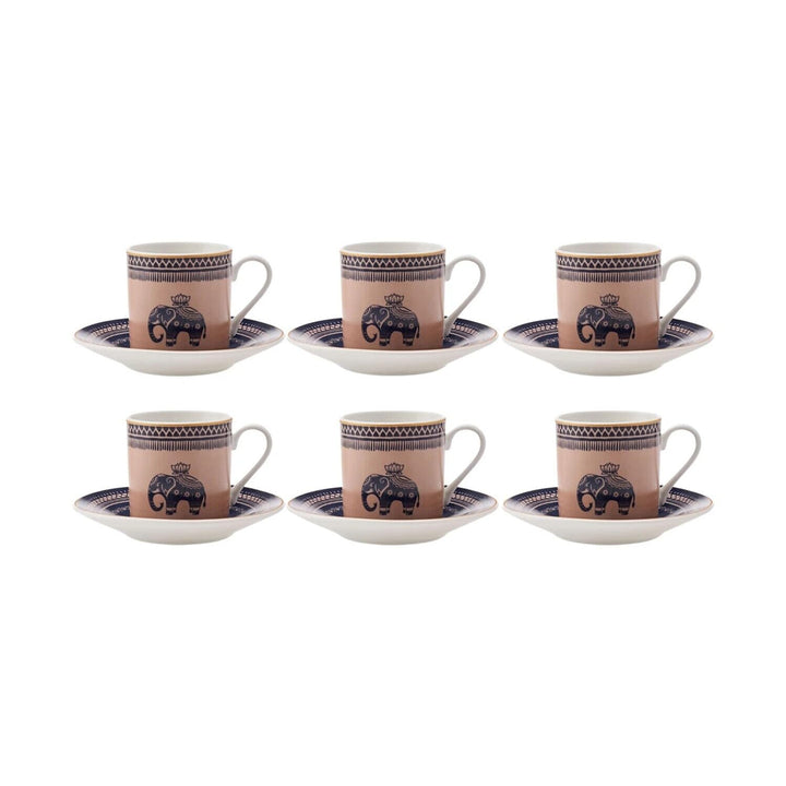 Turkish Coffee Cup and Saucer Set for 6 Brown Asian Oriental Round Bone China - Diamond Home USA