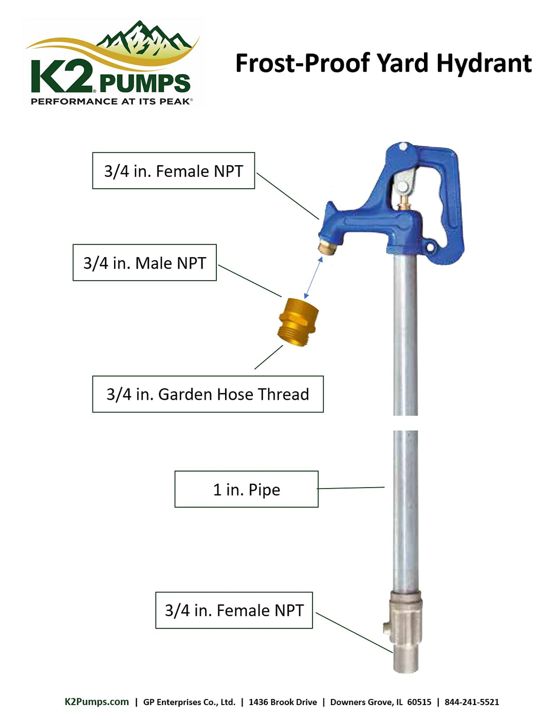 K2 Pumps AWP00001K-4 LF 4' FP Yard Hydrant; L 6.25' Bury Depth 4' - Diamond Home USA