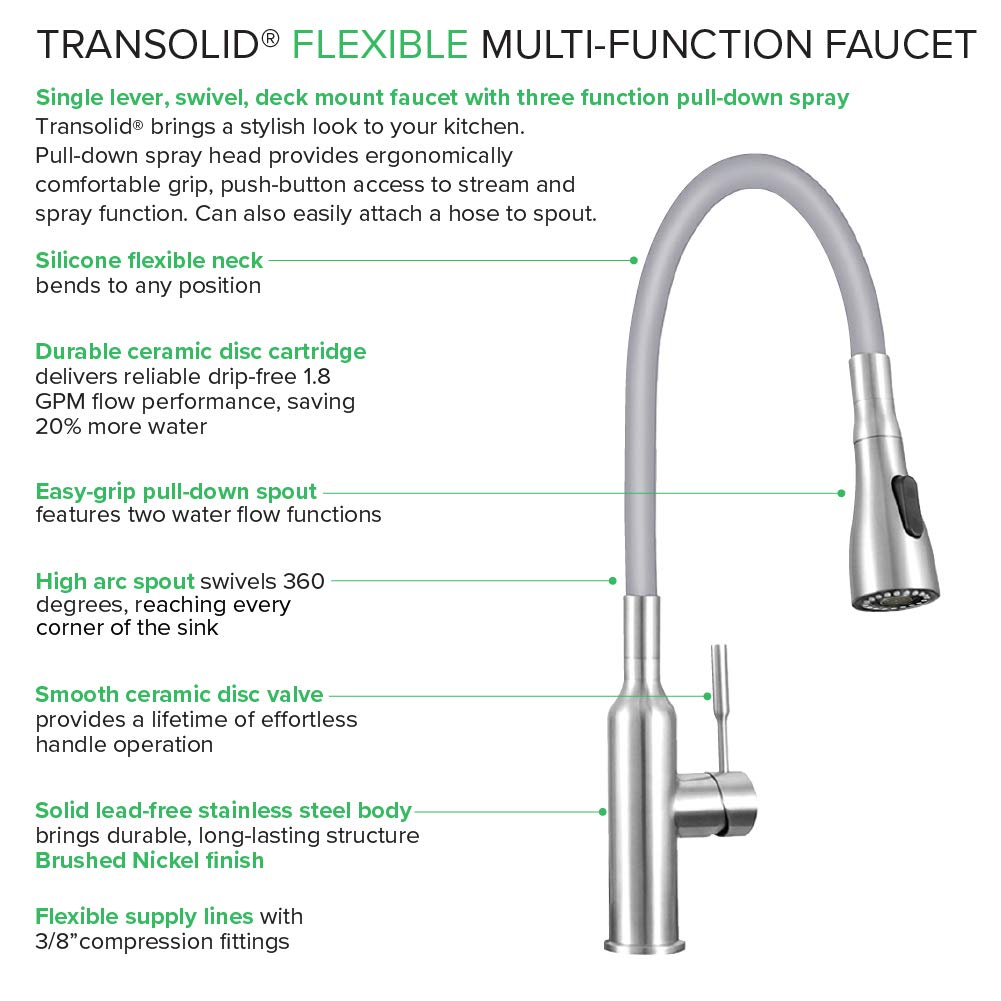 Transolid PF7509C Kitchen/Laundry Faucet with Dual Spray and Flex Neck in Grey Brushed Nickel/Grey - Diamond Home USA