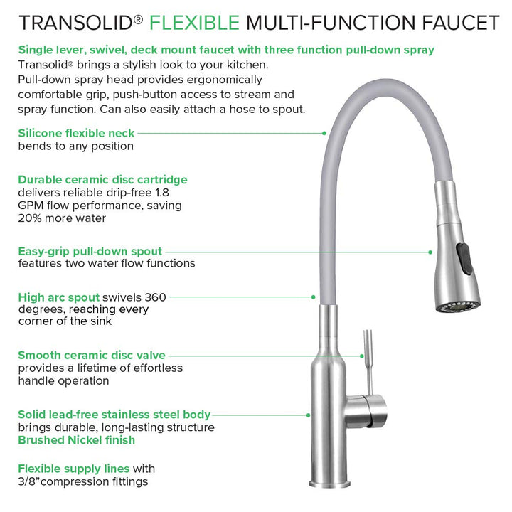 Transolid PF7509C Kitchen/Laundry Faucet with Dual Spray and Flex Neck in Grey Brushed Nickel/Grey - Diamond Home USA