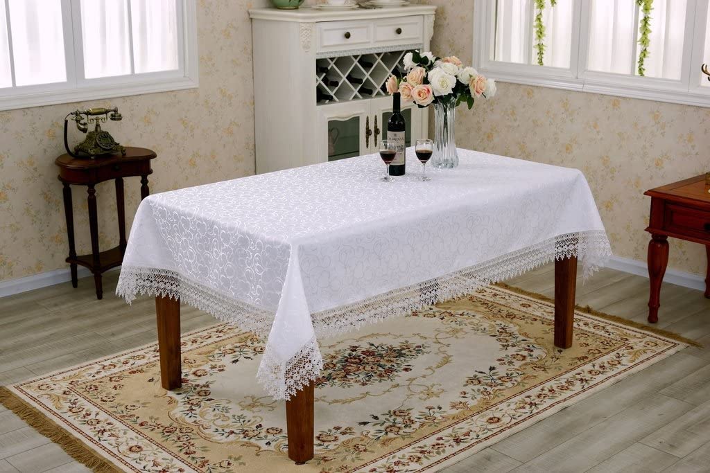 Violet Linen Flower Bow Vintage Lace Pattern Polyester Damask Jacquard 70" X 140" - White - Diamond Home USA