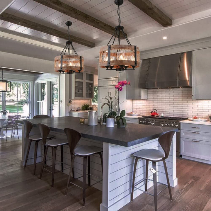 Farmhouse 5-light Chandelier Vintage Hanging Light Round Wood Lighting Fixture - Diamond Home USA