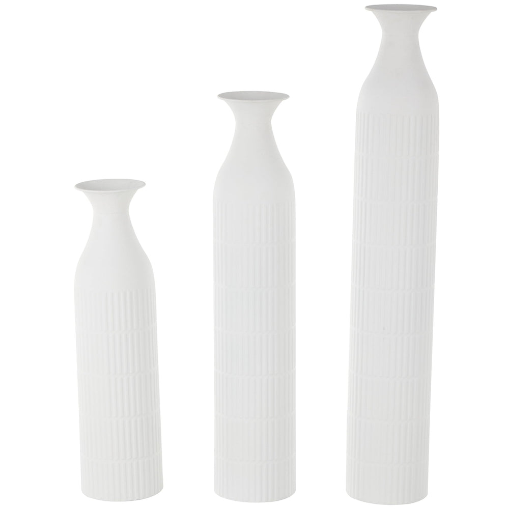 White Metal Tall Slim Ribbed Floor Vase (Set of 3) - Diamond Home USA