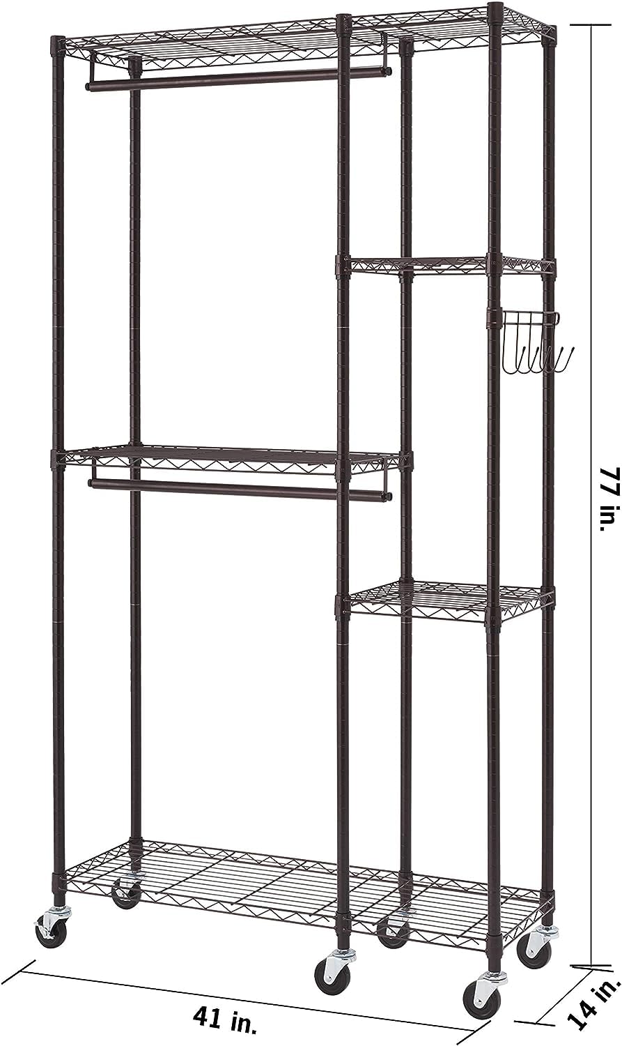 TRINITY Rolling Garment Rack With Shelves And Storage Hooks For Clothing Storage Dark Bronze - Diamond Home USA