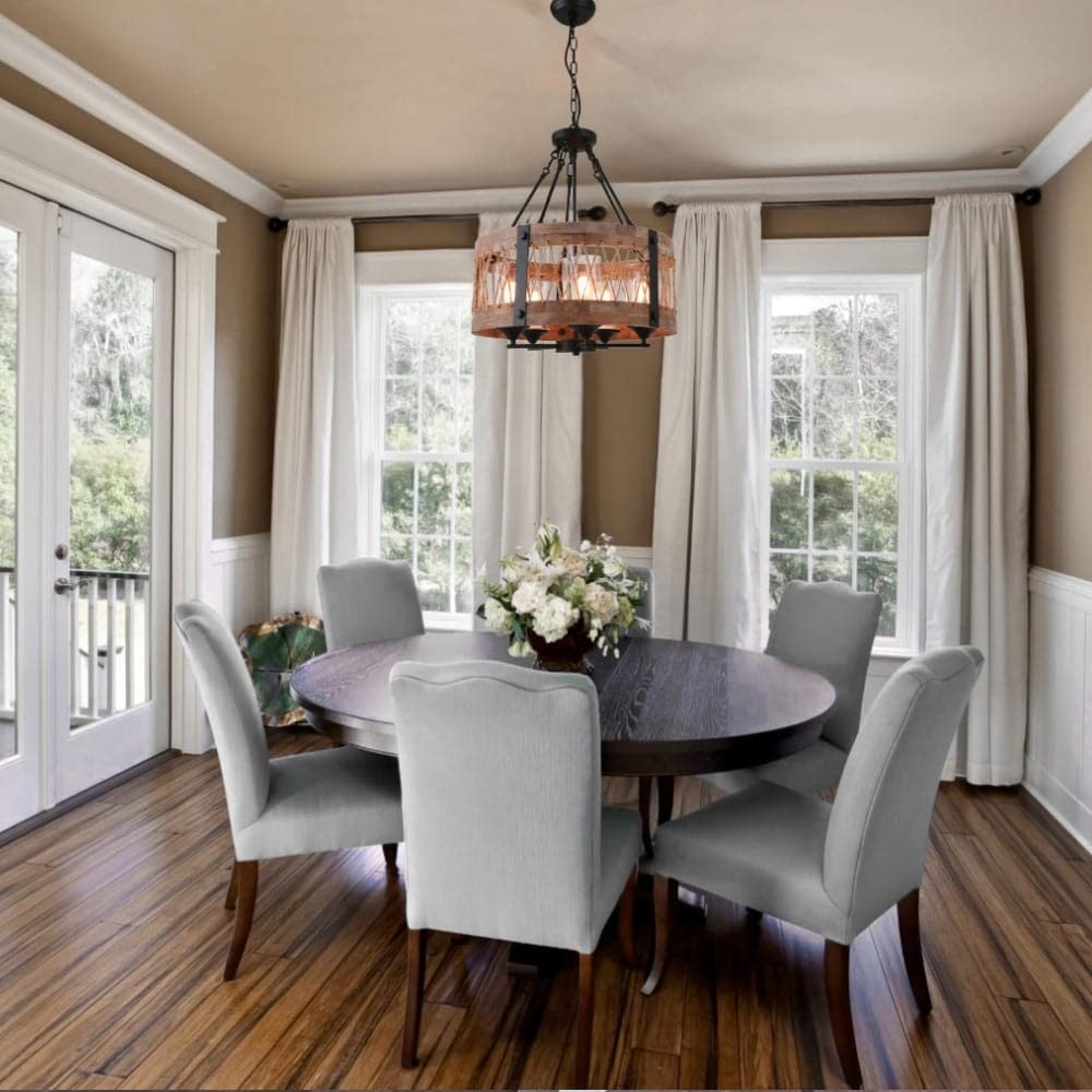 Farmhouse 5-light Chandelier Vintage Hanging Light Round Wood Lighting Fixture - Diamond Home USA