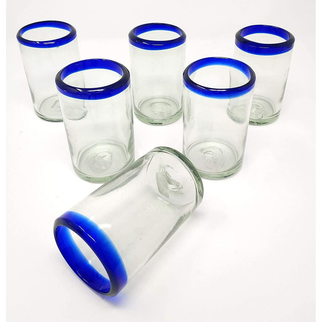 Hand Blown Mexican Drinking Glasses Set Of 6 Juice With Cobalt Blue Rims (8 Oz - Diamond Home USA