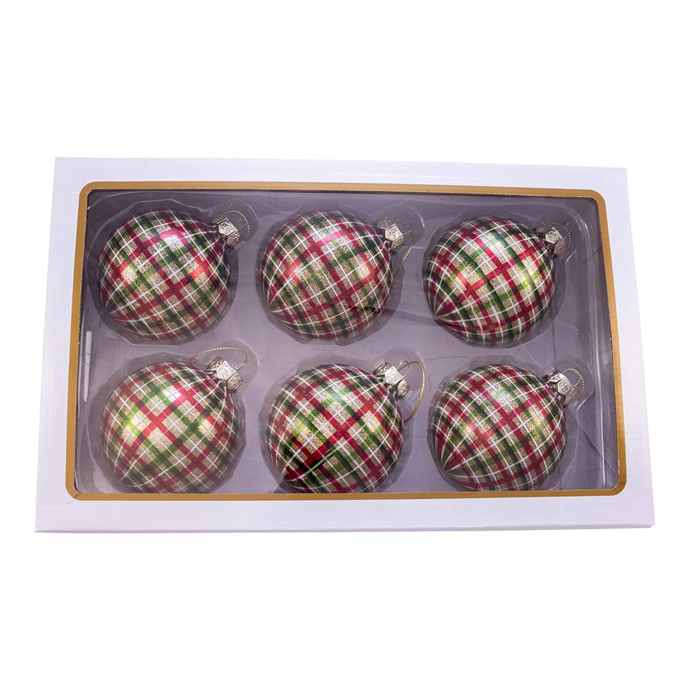 Kurt S. Adler Kurt Adler 80MM Plaid Glass Ball 6 Piece Box Ornament red Green - Diamond Home USA