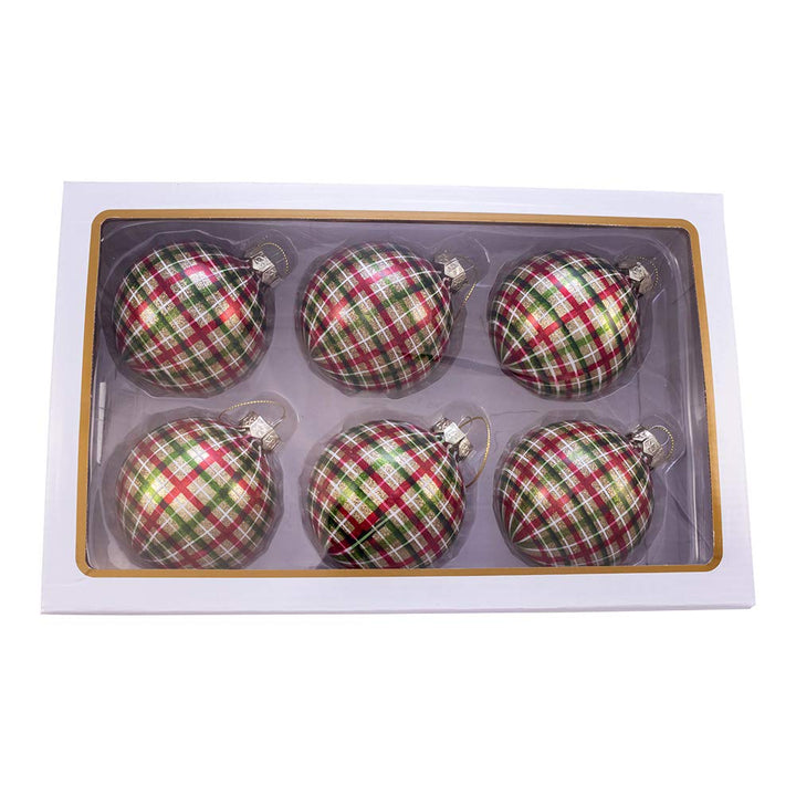 Kurt S. Adler Kurt Adler 80MM Plaid Glass Ball 6 Piece Box Ornament red Green - Diamond Home USA