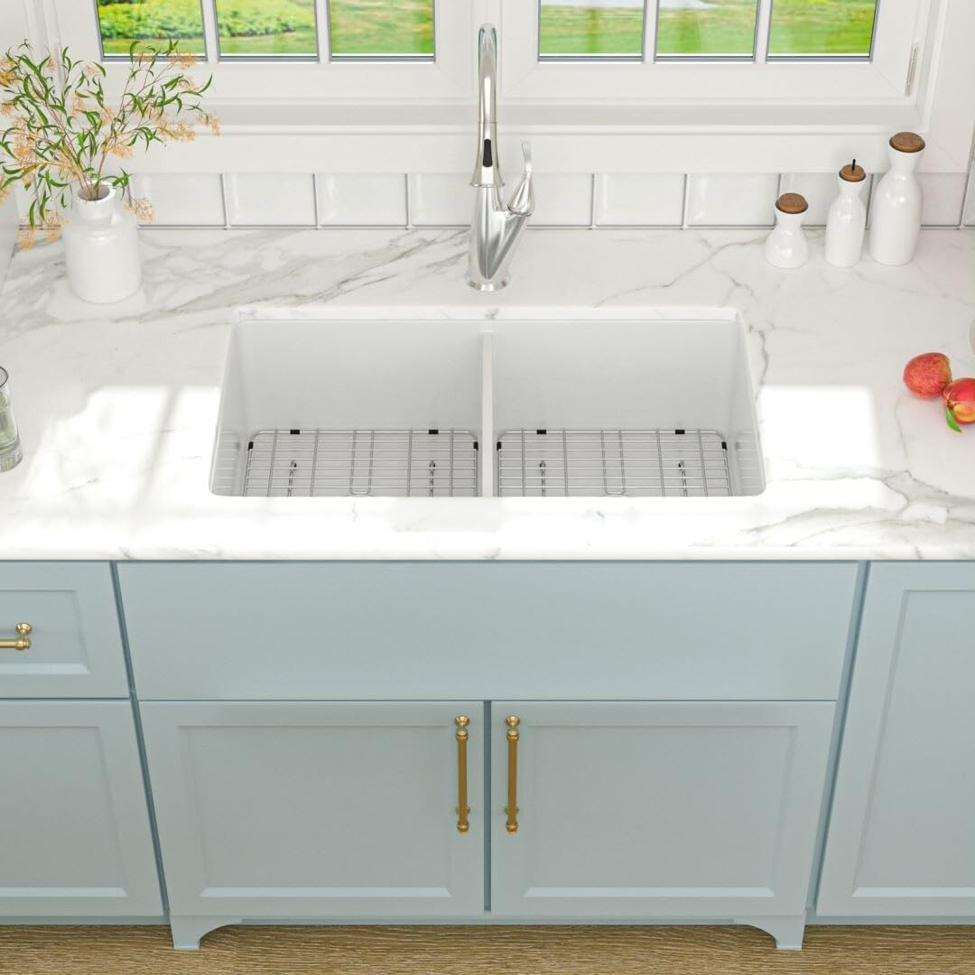 32 Inch Undermount Double Bowl Glossy White Ceramic Kitchen Sink 32"x19" - Diamond Home USA