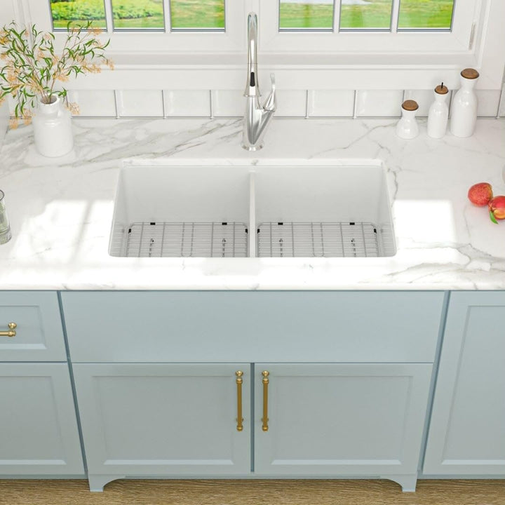 32 Inch Undermount Double Bowl Glossy White Ceramic Kitchen Sink 32"x19" - Diamond Home USA