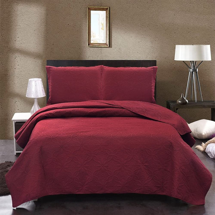 Embossed Reversible Bedspread Coverlet Queen Burgundy Red Solid Color Modern