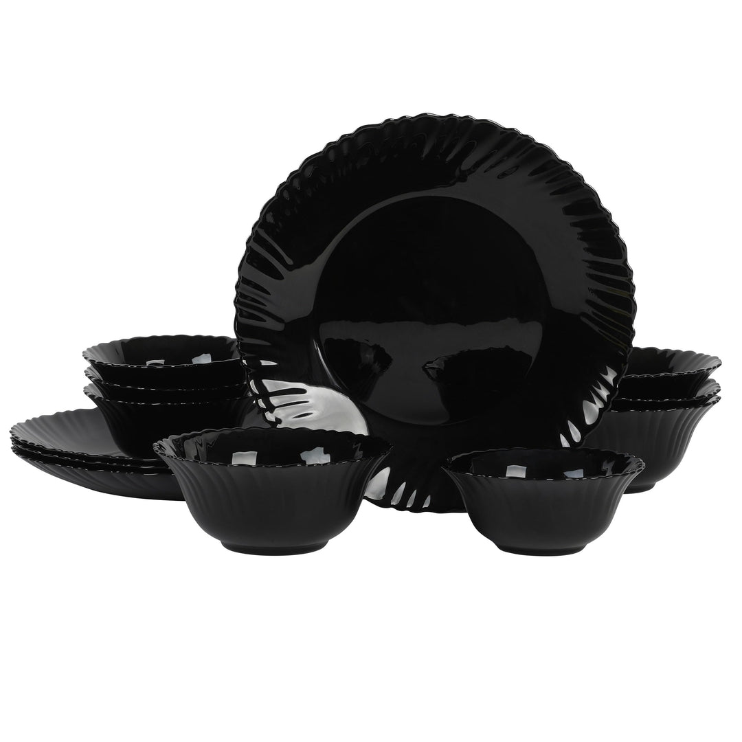 12 Piece Glass Dinnerware Set Black Textured Modern Contemporary Round