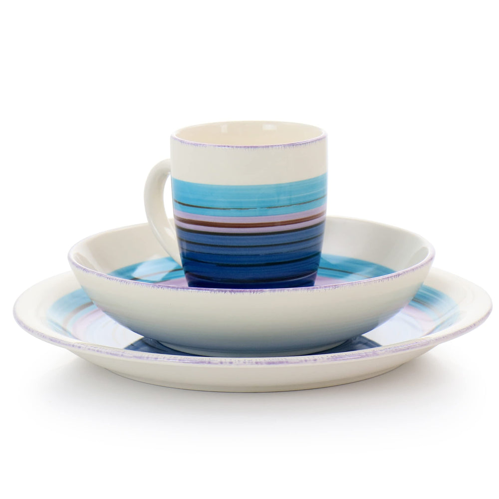 12 Piece Round Durastone Dinnerware Set in Blue Stripe Casual Stoneware 6 M - Diamond Home USA