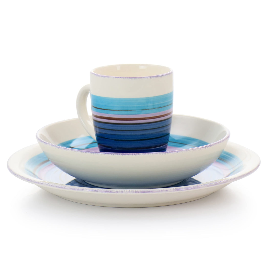 12 Piece Round Durastone Dinnerware Set in Blue Stripe Casual Stoneware 6 M - Diamond Home USA