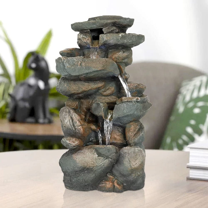 5-tier Rock Falls Cascading Tabletop Water Fountain with Led Lights Grey