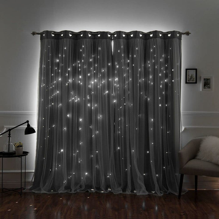 Aurora Home Star Punch Tulle Overlay Blackout Curtain Panel Pair Dark