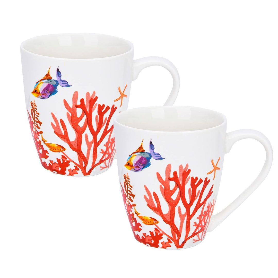 Coral Reef Coffee Tea Bone China ugs Set Of 2 Red Coastal Country Round Piece