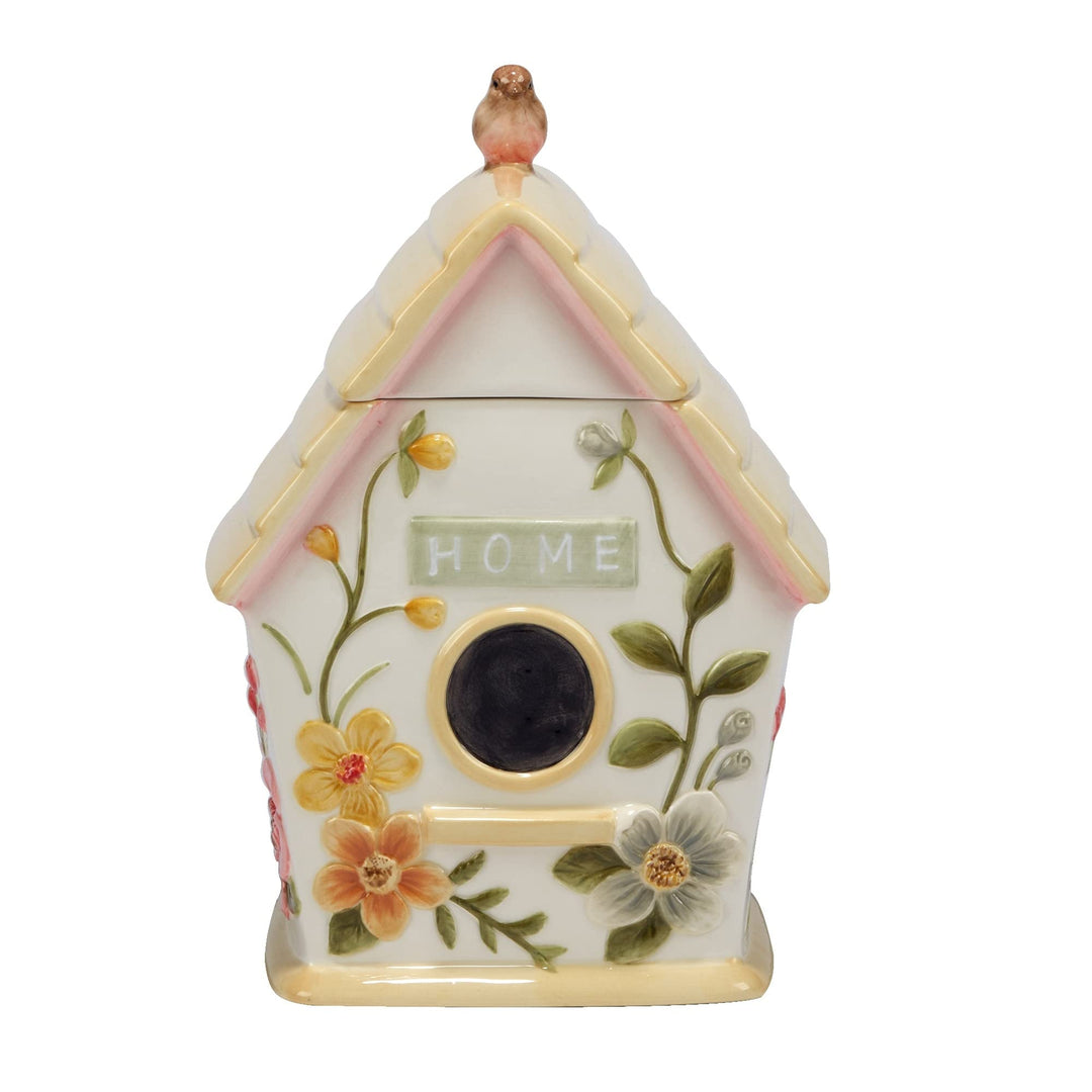 3-d Birdhouse Cookie Jar 88 Oz. 88oz Green Orange White Country Ceramic