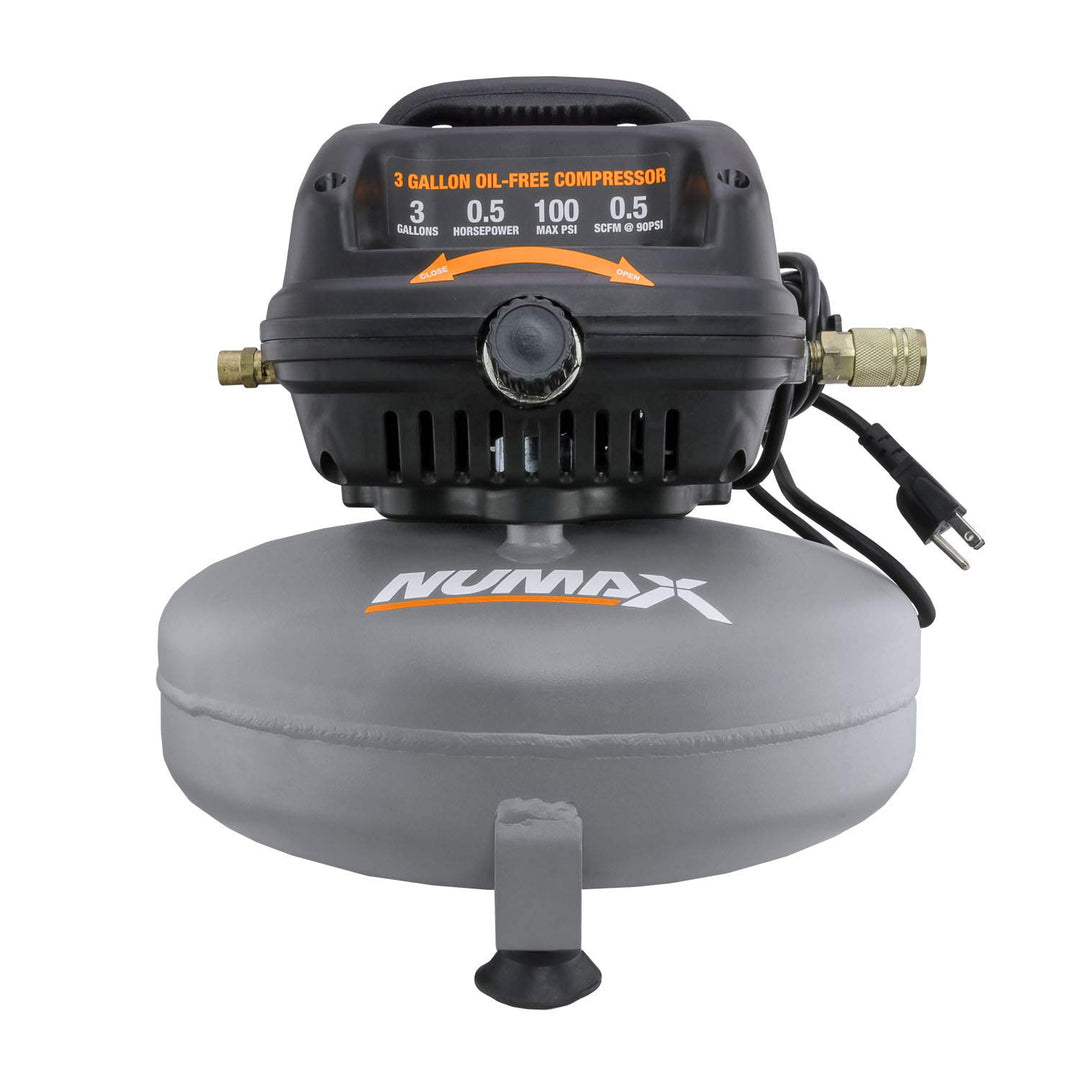 NuMax S3GI12CK 3 Gallon 1/2 HP Portable Electric Oil-Free Pancake Air Compressor - Diamond Home USA