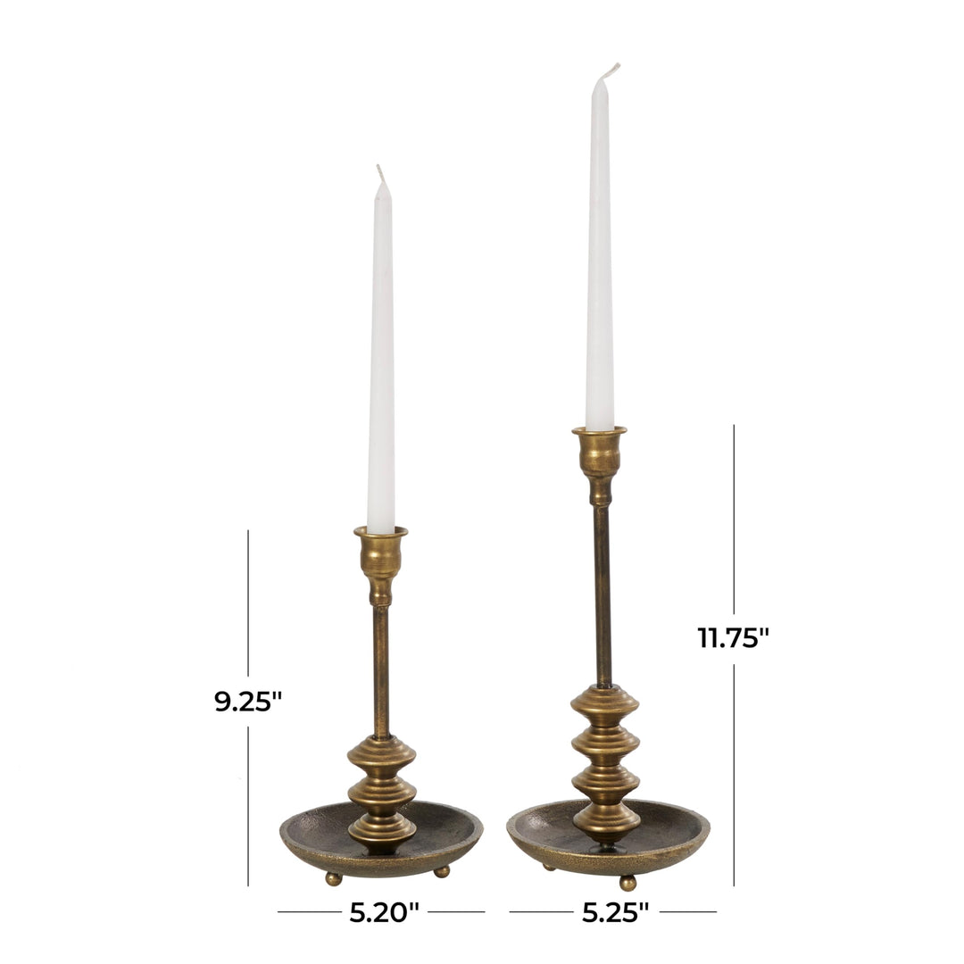 Brass Metal Antique Style Candle Holder with Round Plate (Set of 2) Iron - Diamond Home USA