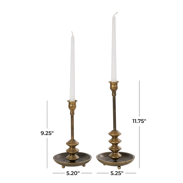 Brass Metal Antique Style Candle Holder with Round Plate (Set of 2) Iron - Diamond Home USA