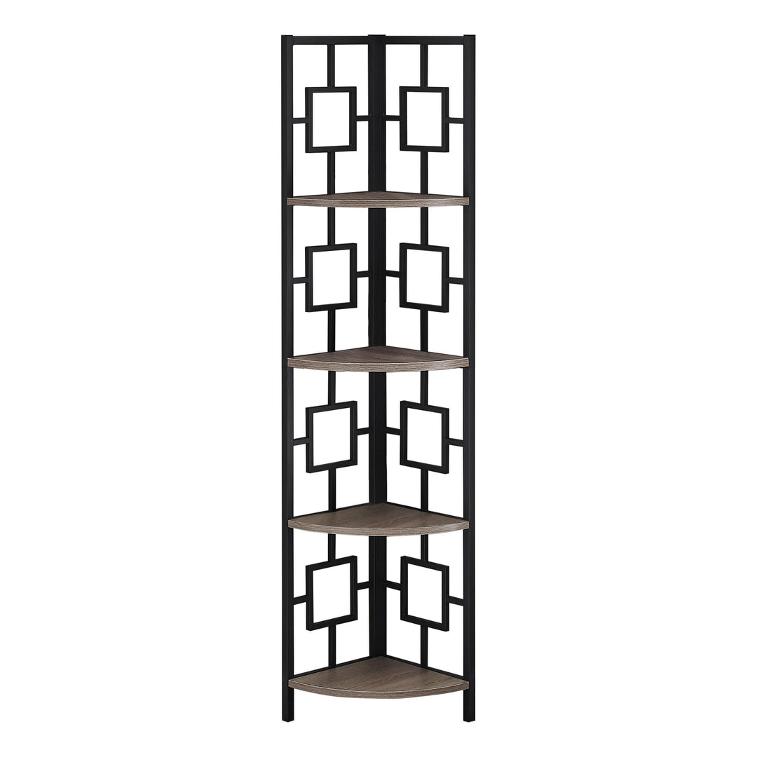 62" Dark Taupe and Black Metal Corner Bookcase with 4 Shelves 17.5 Varnished