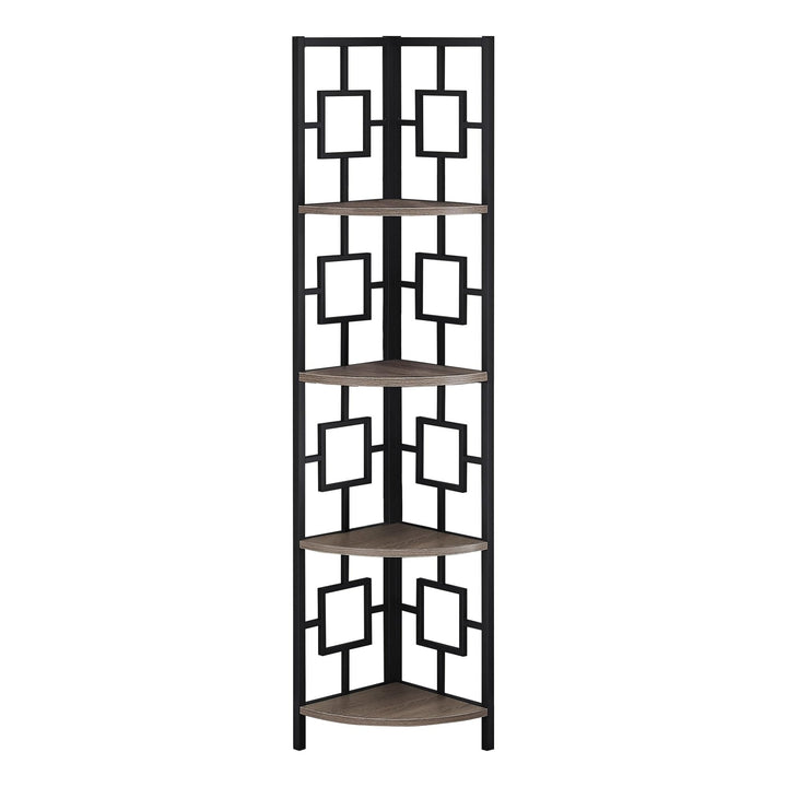 62" Dark Taupe and Black Metal Corner Bookcase with 4 Shelves 17.5 Varnished