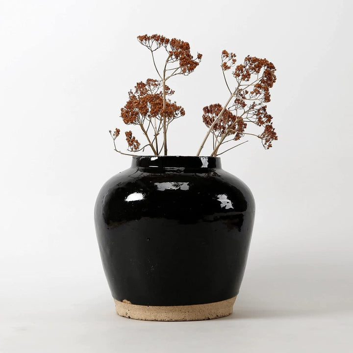 Vintage Glazed Small Vase with Unfinished Base Black Porcelain Outdoor Use - Diamond Home USA