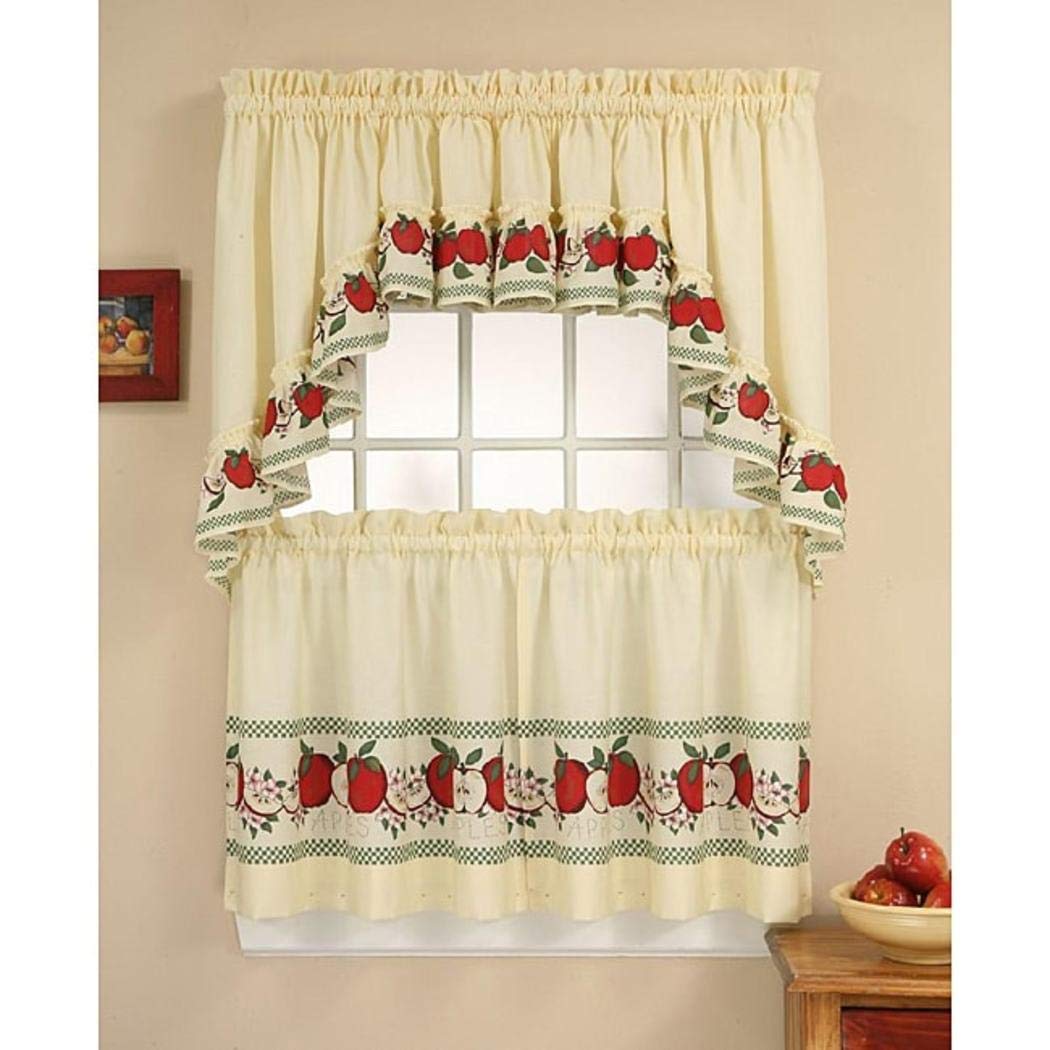 3 Piece 24 Inch Red Color Delicious Apple Curtain Tier & Swag Set White 24-inch
