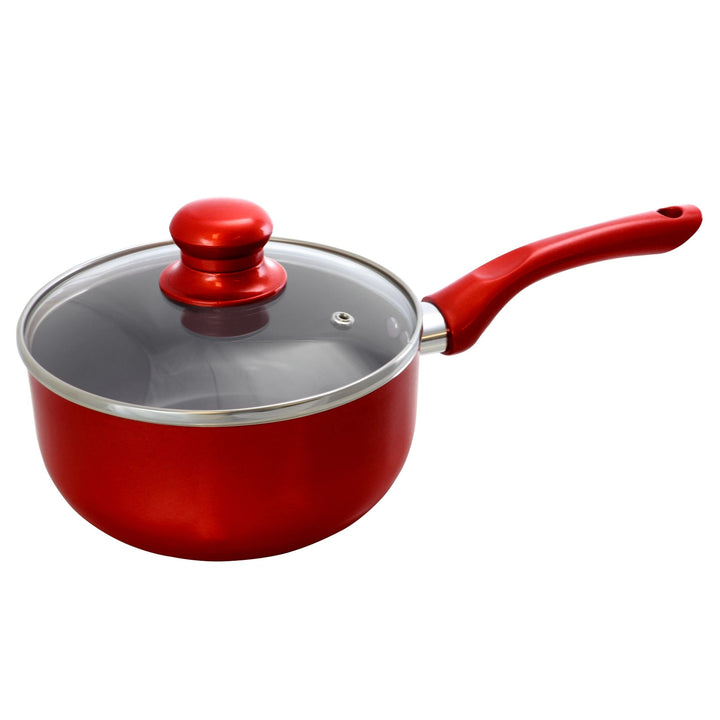 1.5 Quart Ceramic Coated Saucepan in Red with Glass Lid