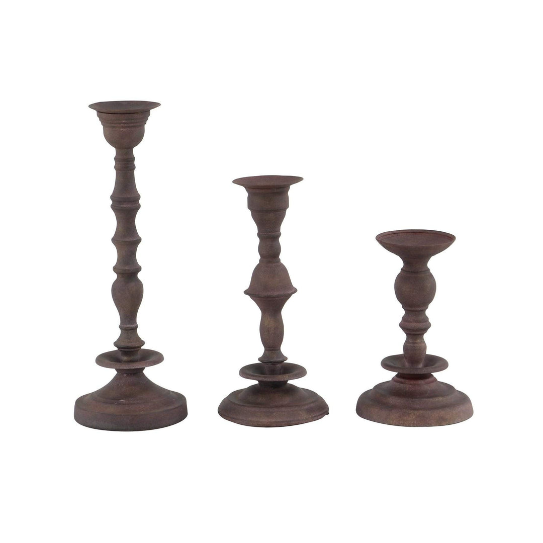 Set of 3 Rustic 13 17 and 19 Inch Dark Brown Metal Candle Holder Iron - Diamond Home USA