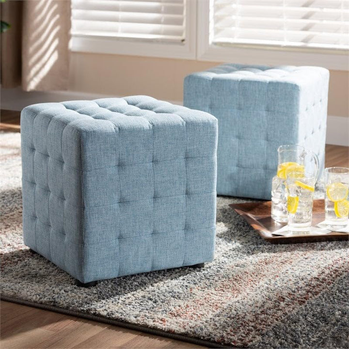 Baxton Studio Elladio Upholstered Wood Cube Ottoman in Light Blue - Set of 2 - Diamond Home USA