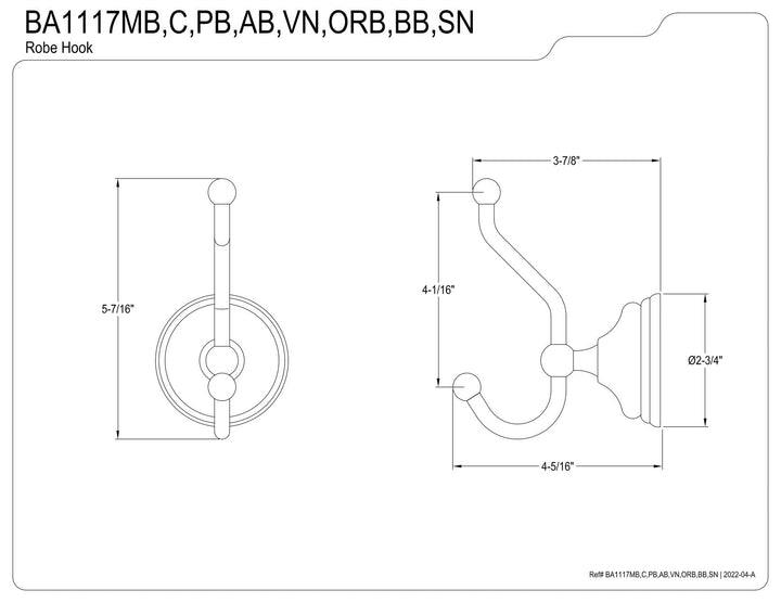 Kingston Brass BA1117C Victorian Robe Hook 5-7/16-Inch Polished Chrome