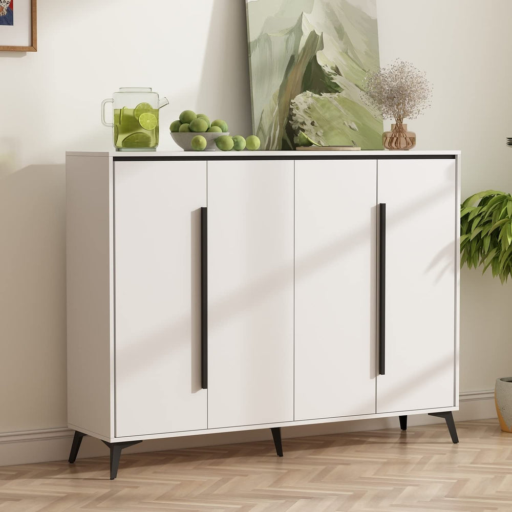 4 Door White Entryway Shoes Storage Cabinet Adjustable Shelf Sideboard Glam - Diamond Home USA
